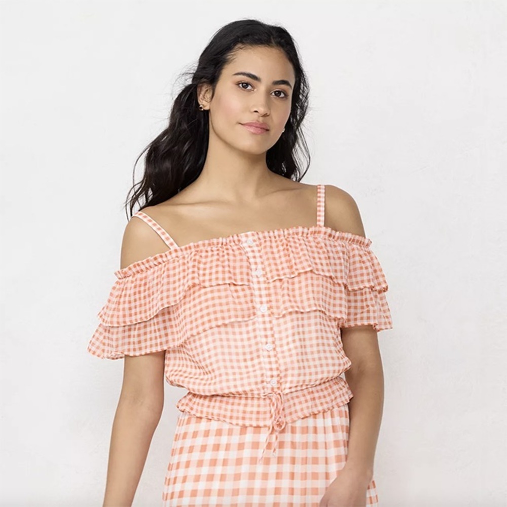 NWT Lauren Conrad Button-Front Off-The-Shoulder Top and Tiered Midi Skirt Small